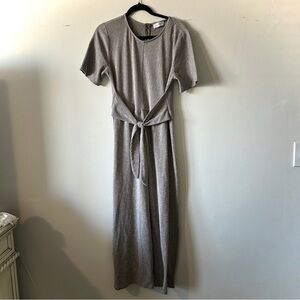 M/L ribbed gray short sleeve jumpsuit. Cinched waist with bow, zipper in back